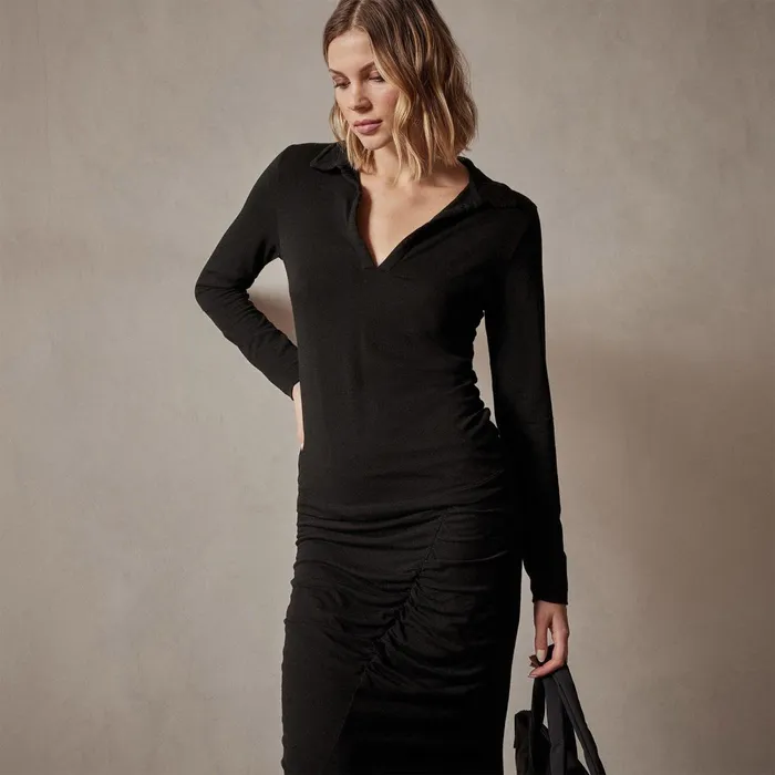 Women Novelty Tops James Perse Tencel Cashmere Open Polo Black