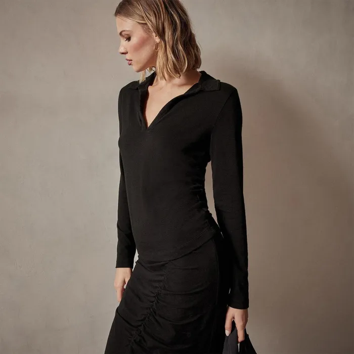 Women Novelty Tops James Perse Tencel Cashmere Open Polo Black