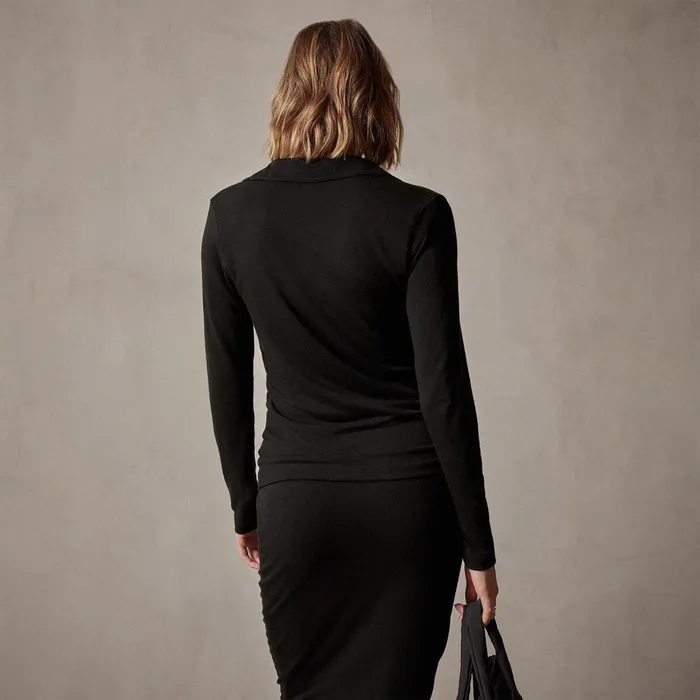 Women Novelty Tops James Perse Tencel Cashmere Open Polo Black