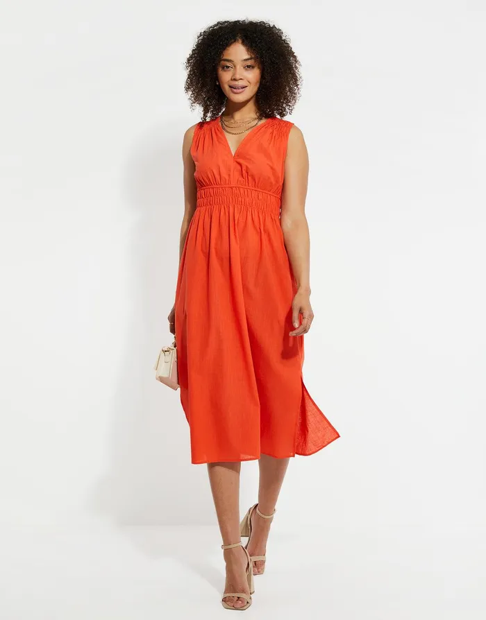 Women Orange Linen Look Ruched Dress Orange Threadbare Dresses
