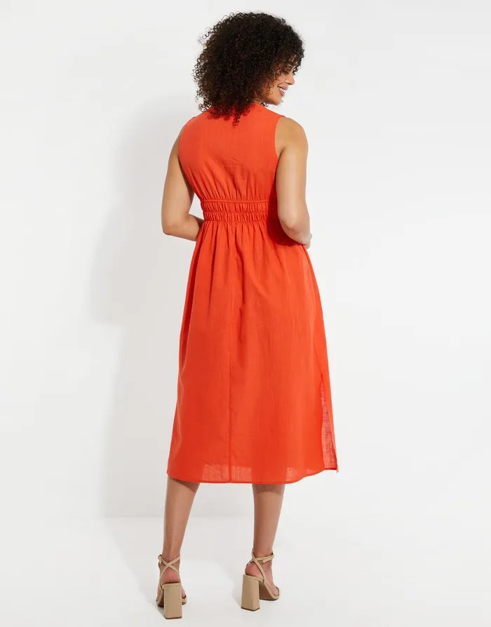 Women Orange Linen Look Ruched Dress Orange Threadbare Dresses