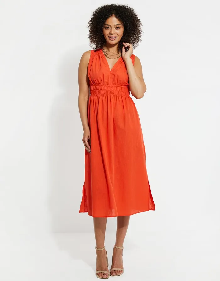 Women Orange Linen Look Ruched Dress Orange Threadbare Dresses