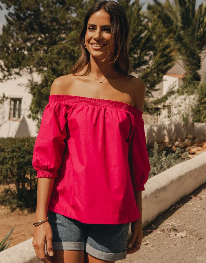 Women Pink Off The Shoulder Bardot Puff Sleeve Top Pink Threadbare Blouses and Shirts Women Pink Off The Shoulder Bardot Puff Sleeve Top Pink Threadbare Blouses and Shirts