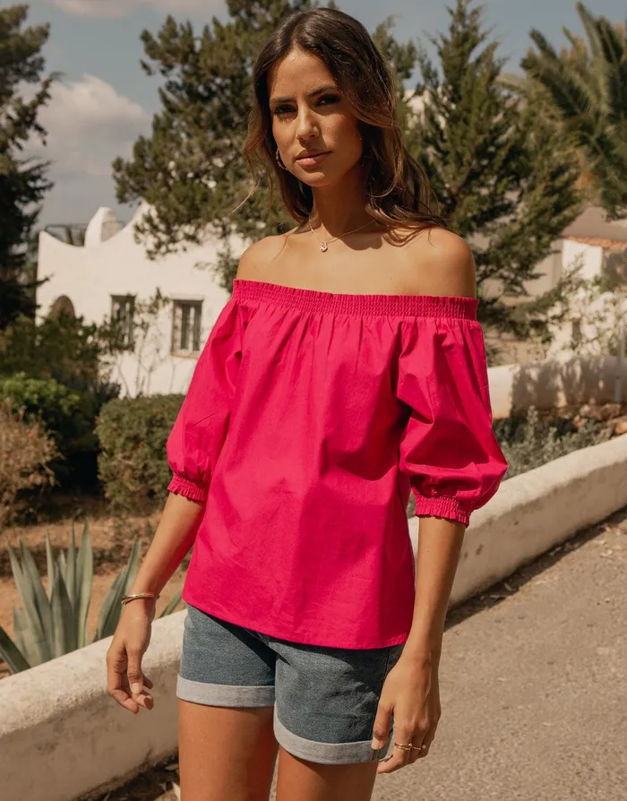 Women Pink Off The Shoulder Bardot Puff Sleeve Top Pink Threadbare Blouses and Shirts Women Pink Off The Shoulder Bardot Puff Sleeve Top Pink Threadbare Blouses and Shirts
