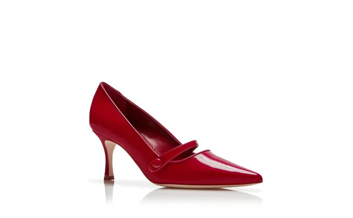 Women Pumps Manolo Blahnik MLADARI Bright Red Patent Leather Mary Jane Pumps