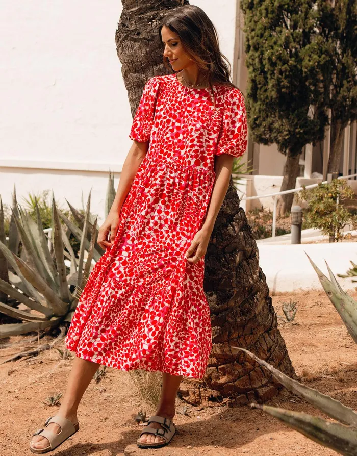 Women Red Abstract Spot Print Puff Sleeve Tiered Smock Midi Dress Red Threadbare Dresses Women Red Abstract Spot Print Puff Sleeve Tiered Smock Midi Dress Red Threadbare Dresses