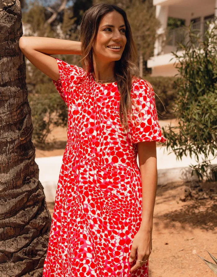Women Red Abstract Spot Print Puff Sleeve Tiered Smock Midi Dress Red Threadbare Dresses Women Red Abstract Spot Print Puff Sleeve Tiered Smock Midi Dress Red Threadbare Dresses