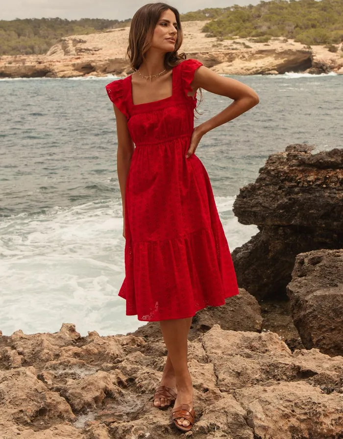 Women Red Broderie Anglaise Frill Sleeve Tiered Midi Smock Dress Red Threadbare Dresses Women Red Broderie Anglaise Frill Sleeve Tiered Midi Smock Dress Red Threadbare Dresses