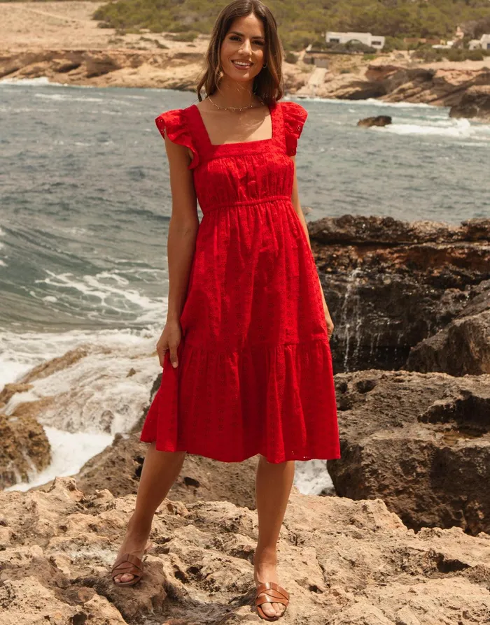 Women Red Broderie Anglaise Frill Sleeve Tiered Midi Smock Dress Red Threadbare Dresses Women Red Broderie Anglaise Frill Sleeve Tiered Midi Smock Dress Red Threadbare Dresses