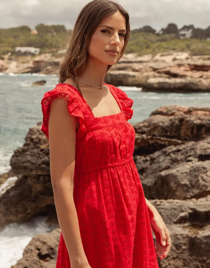 Women Red Broderie Anglaise Frill Sleeve Tiered Midi Smock Dress Red Threadbare Dresses Women Red Broderie Anglaise Frill Sleeve Tiered Midi Smock Dress Red Threadbare Dresses
