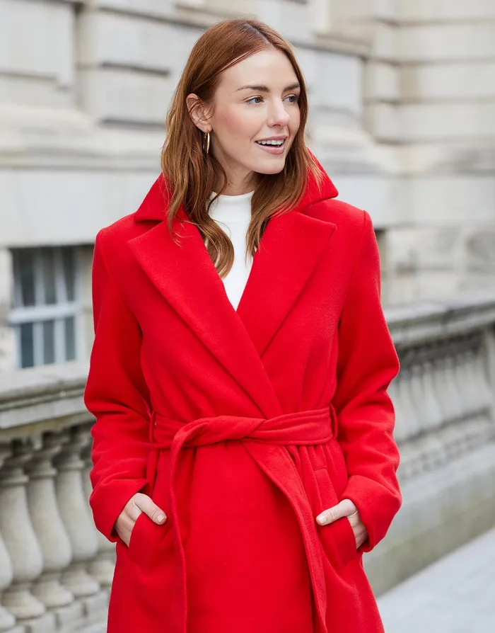Women Red Collared Belted Formal Coat Red Threadbare Jackets and Coats Women Red Collared Belted Formal Coat Red Threadbare Jackets and Coats