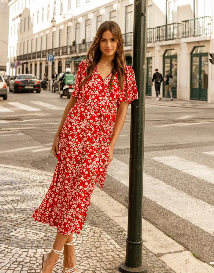 Women Red Floral Print Flutter Sleeve Midi Dress Red Threadbare Workwear