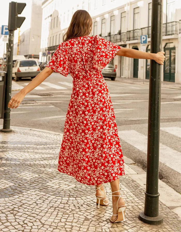 Women Red Floral Print Flutter Sleeve Midi Dress Red Threadbare Workwear