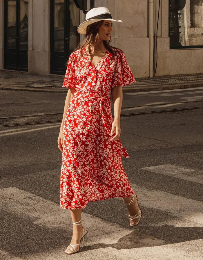 Women Red Floral Print Flutter Sleeve Midi Dress Red Threadbare Workwear