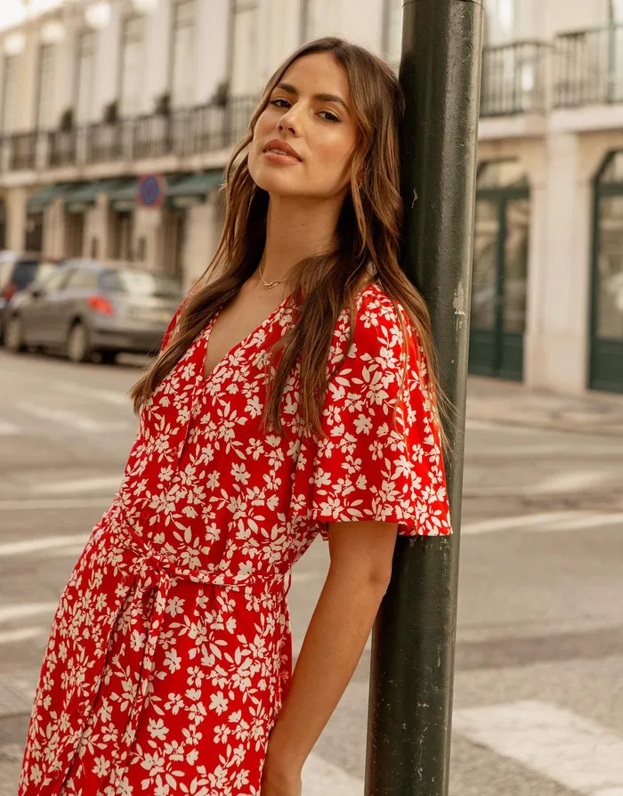 Women Red Floral Print Flutter Sleeve Midi Dress Red Threadbare Workwear