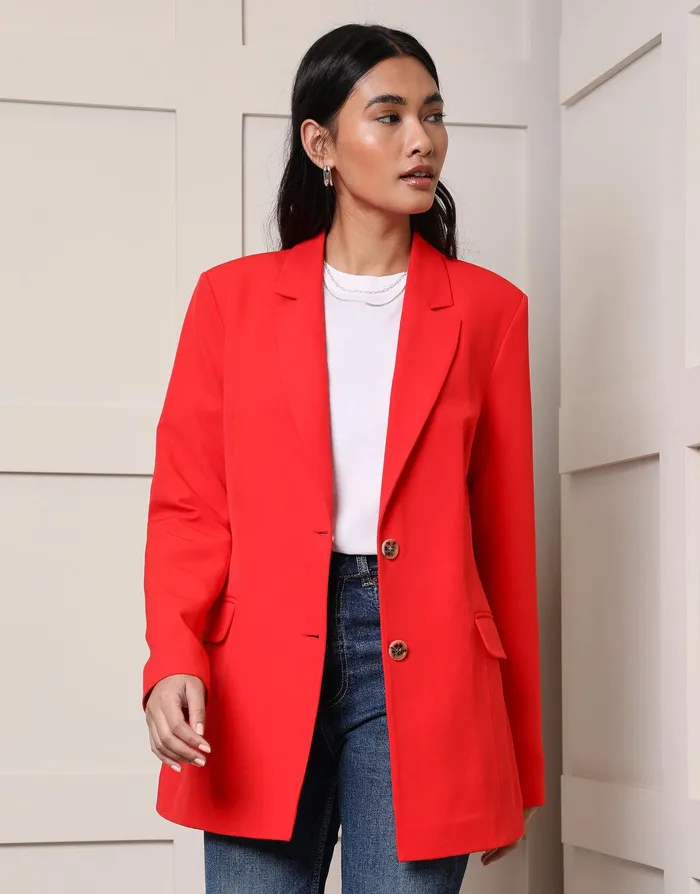 Women Red Single Breasted Relaxed Fit Blazer Red Threadbare Blazers