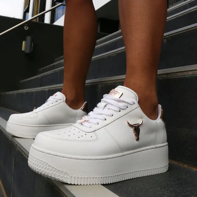 Women Rich White Leather Rose Gold Metallic Sneakers Windsor Smith Platform Sneakers