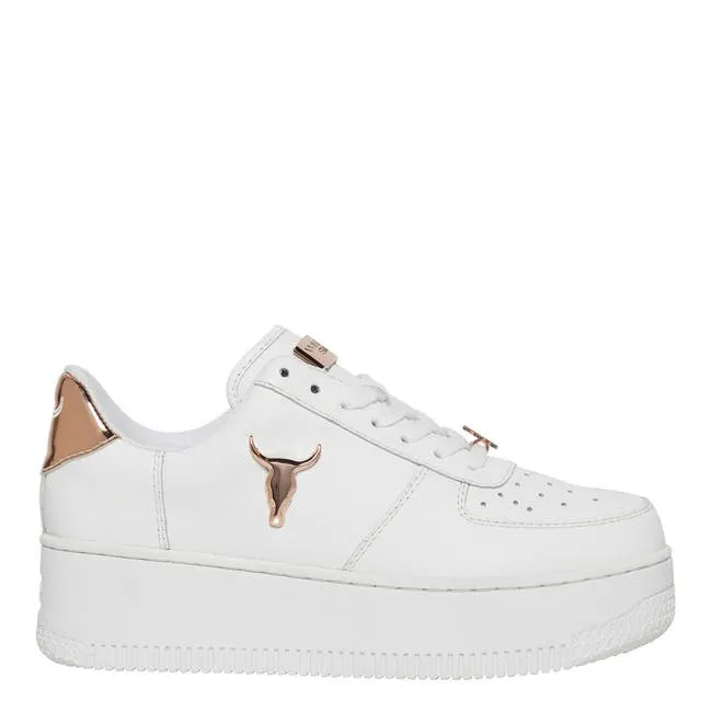 Women Rich White Leather Rose Gold Metallic Sneakers Windsor Smith Platform Sneakers