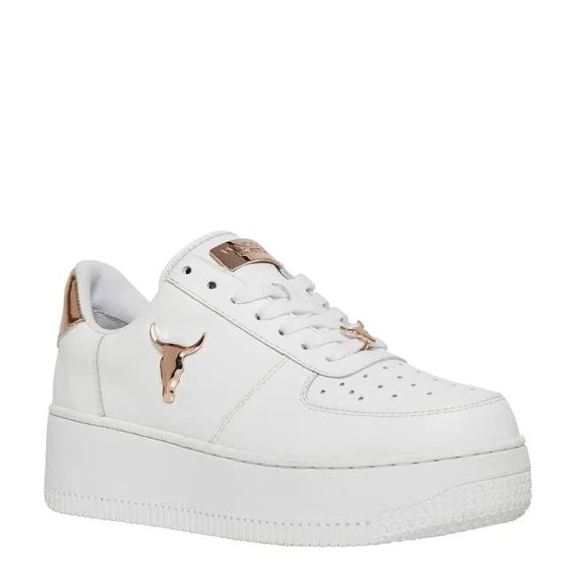 Women Rich White Leather Rose Gold Metallic Sneakers Windsor Smith Platform Sneakers