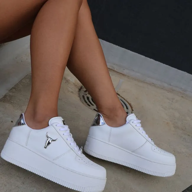 Women Rich White Leather Silver Metallic Sneakers Windsor Smith Platform Sneakers