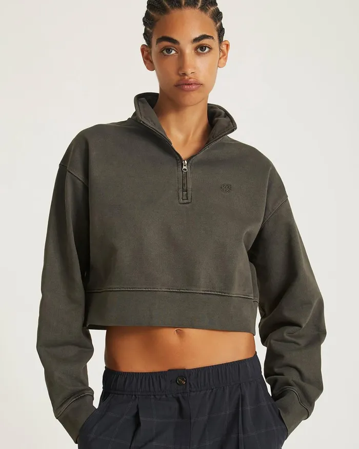 Women Saturdays NYC Sweatshirts and Sweatpants Eldridge Fundamental Cropped Quarter Zip Black