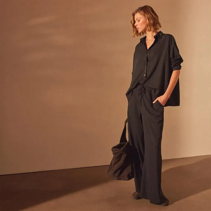 Women Shirting James Perse Lightweight Matte Satin Fluid Shirt Black