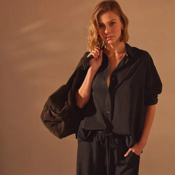 Women Shirting James Perse Lightweight Matte Satin Fluid Shirt Black