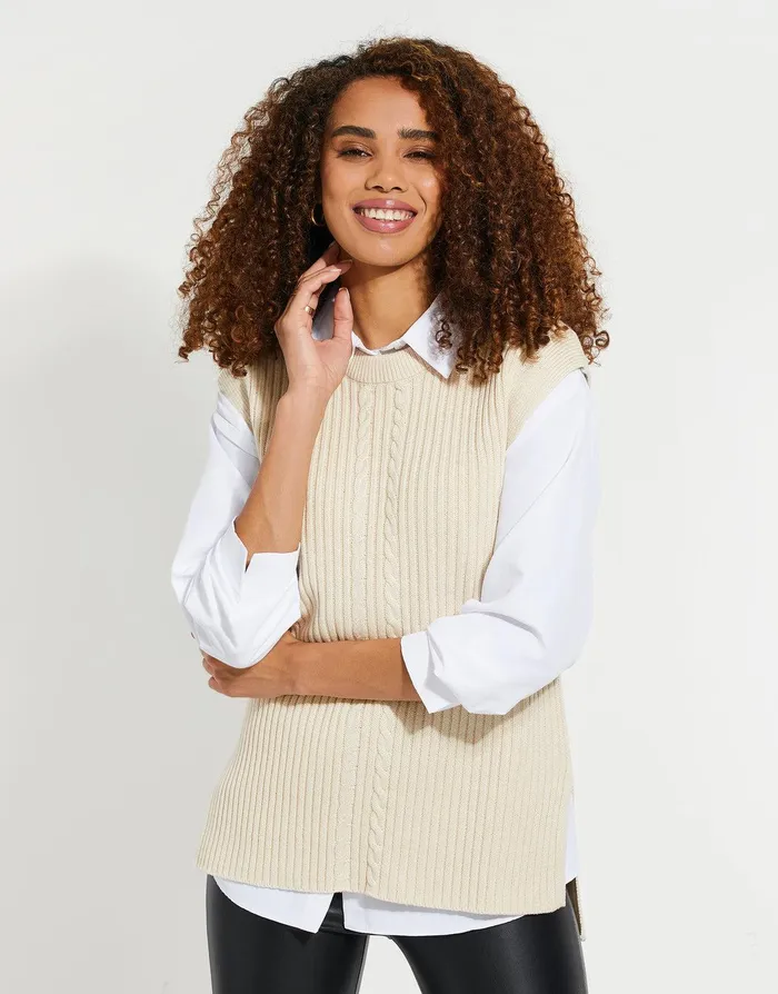 Women Stone Cable Knit Vest Stone Threadbare Tops