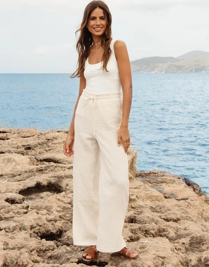 Women Stone Wide Leg Crinkle Cotton Trousers Stone Threadbare Trousers