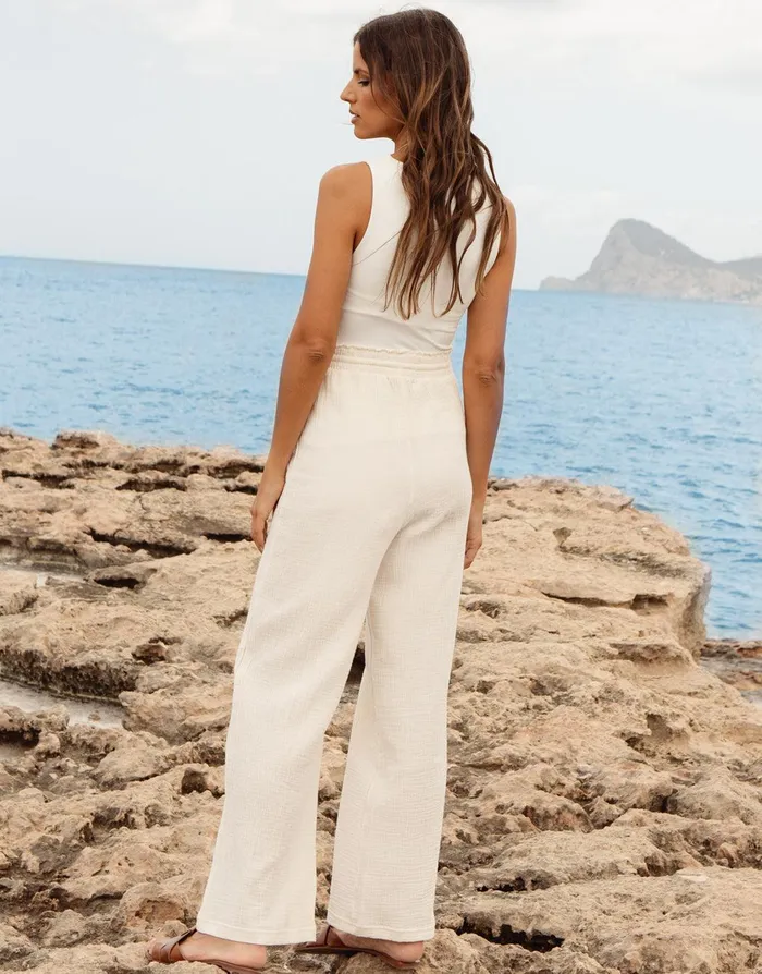 Women Stone Wide Leg Crinkle Cotton Trousers Stone Threadbare Trousers