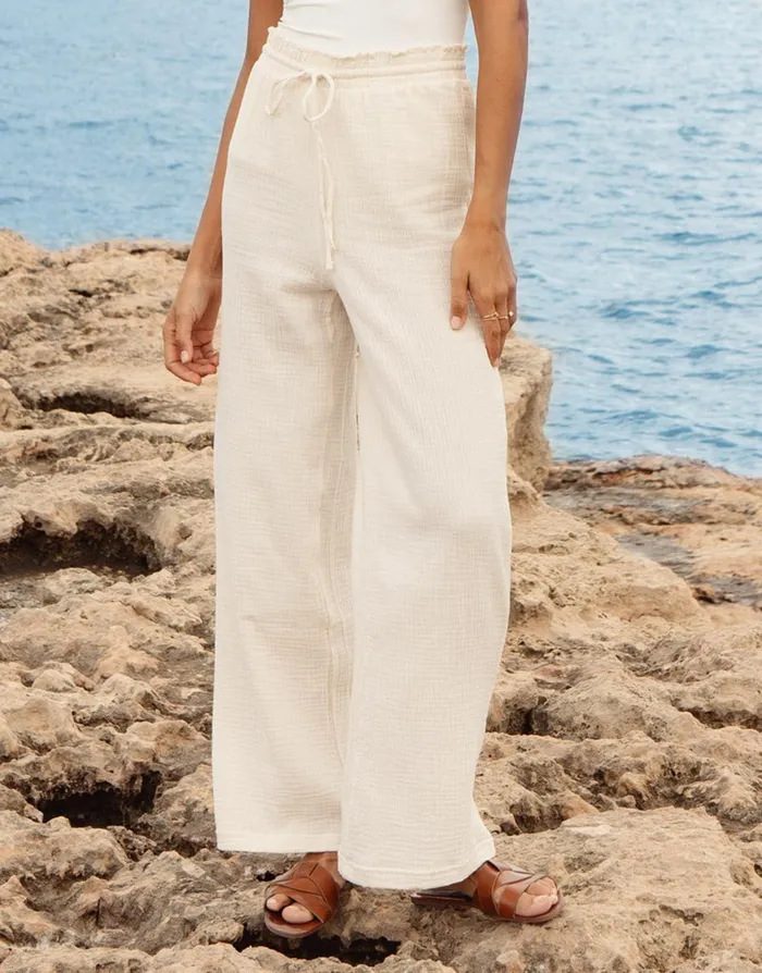 Women Stone Wide Leg Crinkle Cotton Trousers Stone Threadbare Trousers