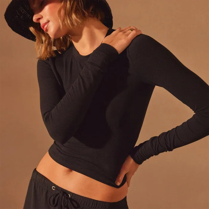 Women TShirts James Perse Long Sleeve Cropped Tee Black
