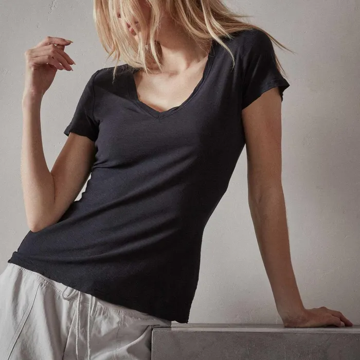 Women TShirts James Perse Sheer Slub Casual V Neck Deep