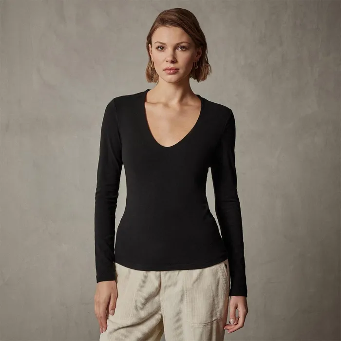 Women TShirts James Perse Stretch Lotus Deep V Tee Black