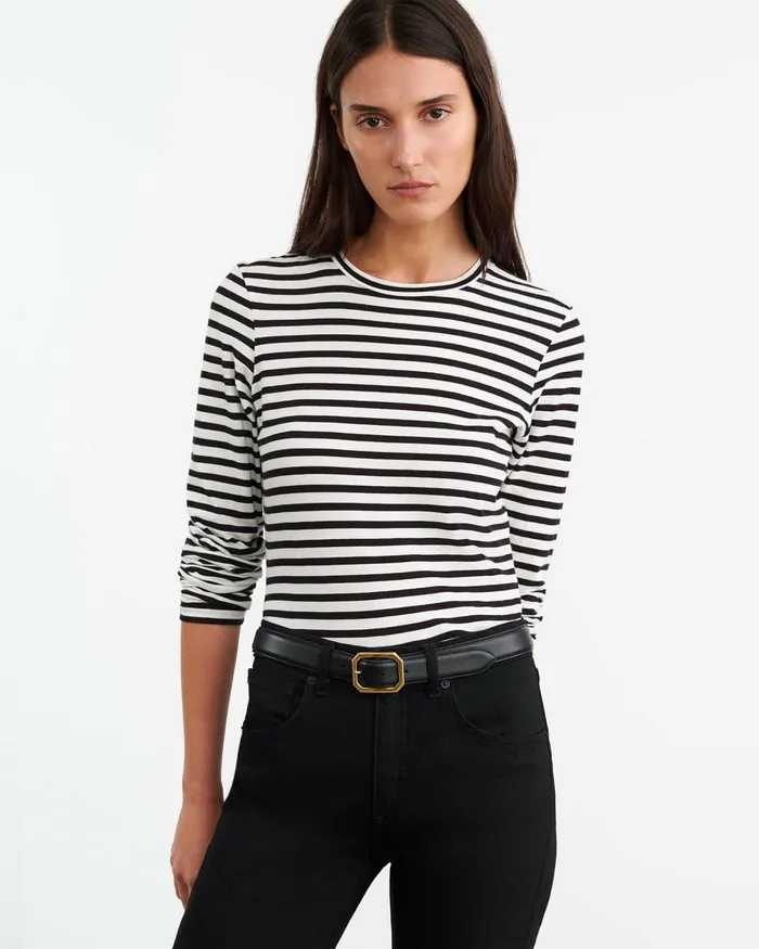 Women Tees Nili Lotan SUSANA LONG SLEEVE TEE Blackivory Stripe