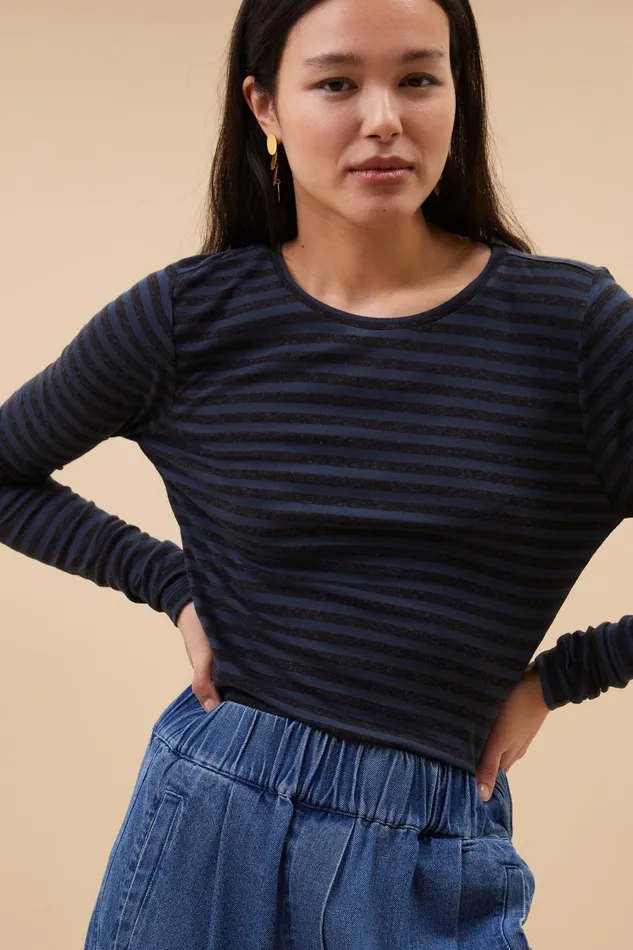 Women Tops and Shirts Bybar Basic Ls Melange Stripe Top Blue Nights