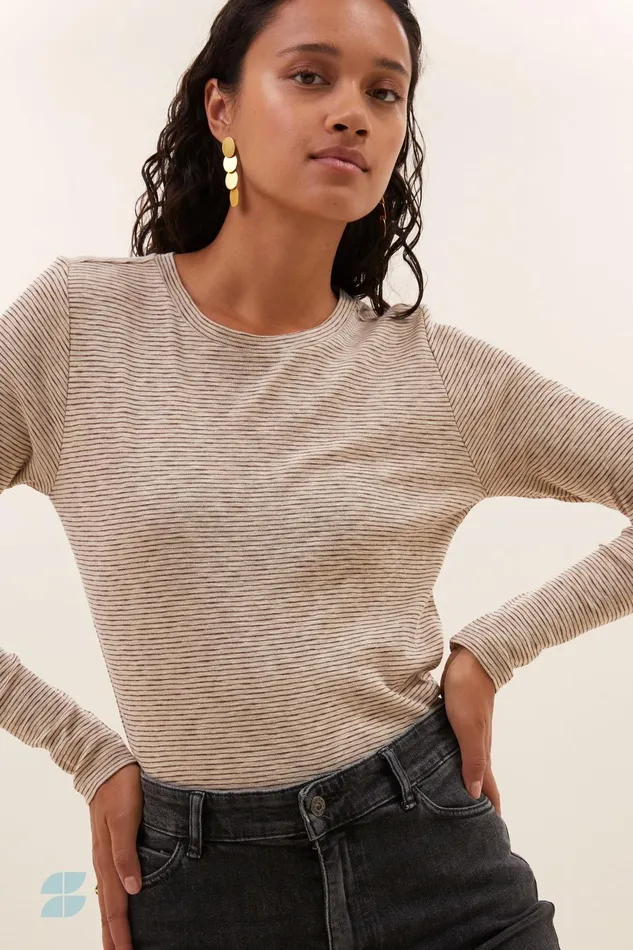 Women Tops and Shirts Bybar Basic Ls Thin Stripe Top Pecan