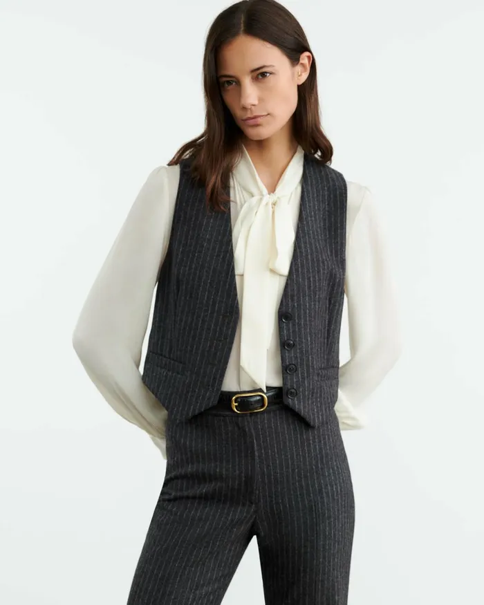Women Tops Nili Lotan ISMAEL VEST Charcoal Pinstripe
