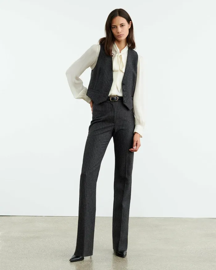 Women Tops Nili Lotan ISMAEL VEST Charcoal Pinstripe