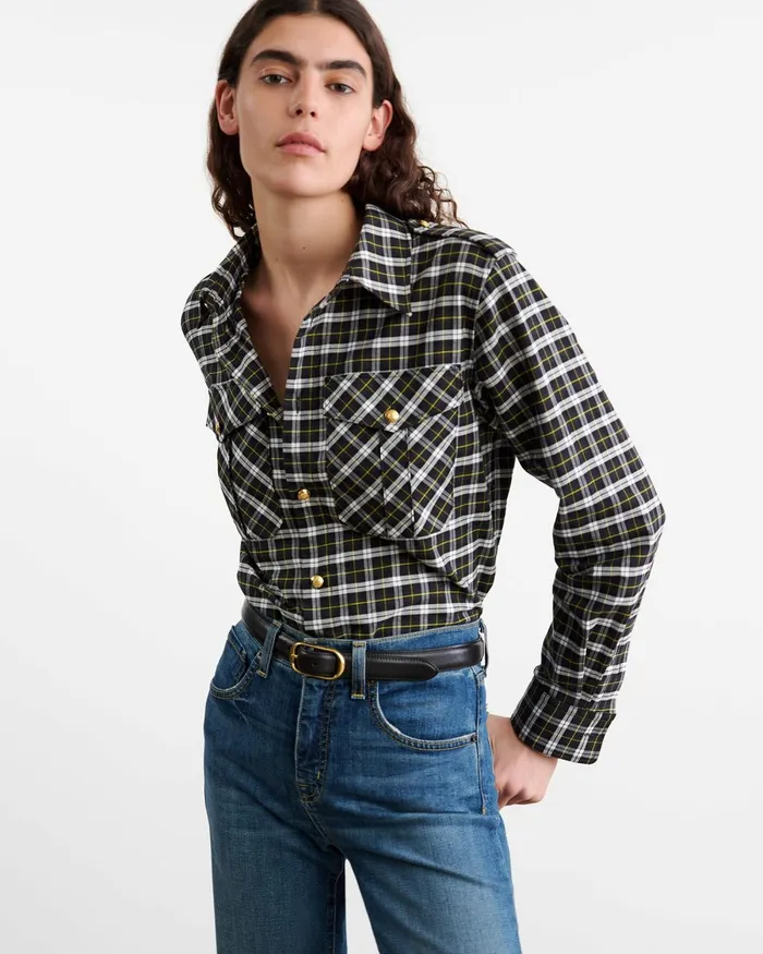 Women Tops Nili Lotan JEANETTE TOP Blackgreen Plaid