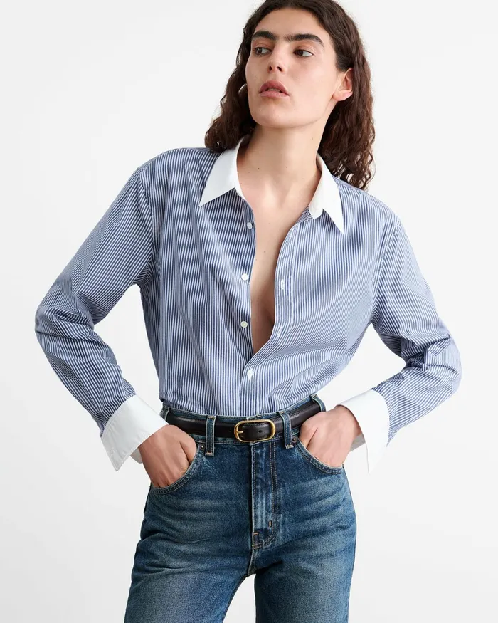 Women Tops Nili Lotan RAPHAEL SHIRT Navy Stripe W White