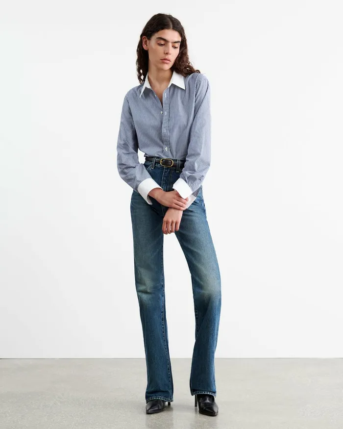 Women Tops Nili Lotan RAPHAEL SHIRT Navy Stripe W White