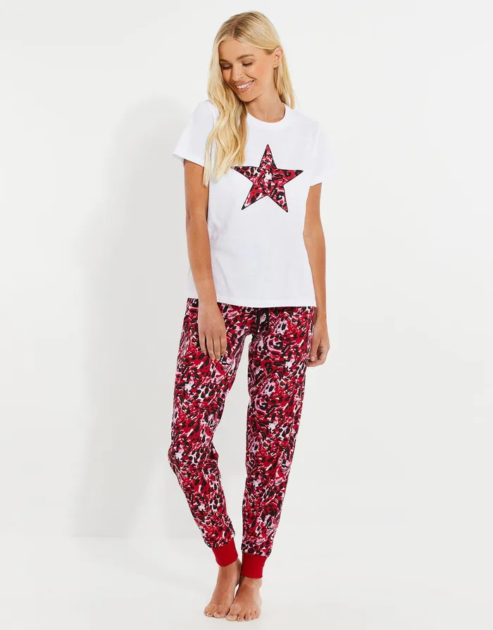 Women White and Pink Animal Print Pyjamas 2Piece Set Pink Threadbare Loungewear Women White and Pink Animal Print Pyjamas 2Piece Set Pink Threadbare Loungewear