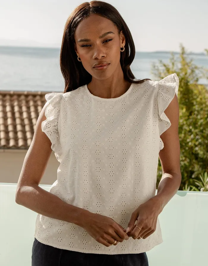Women White Cotton Broderie Anglaise Frill Sleeve Blouse White Threadbare Blouses and Shirts Women White Cotton Broderie Anglaise Frill Sleeve Blouse White Threadbare Blouses and Shirts