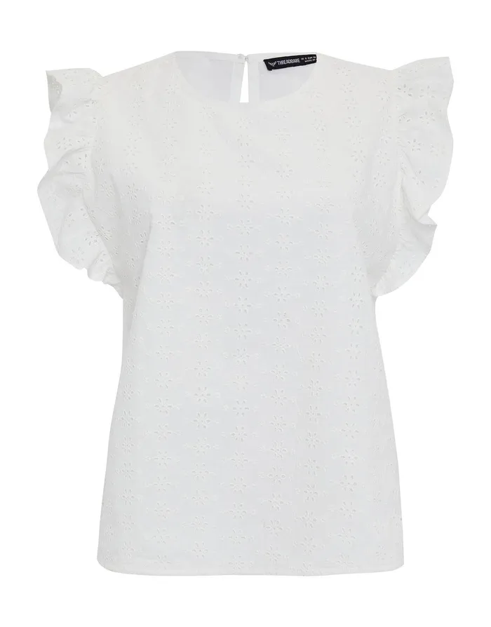 Women White Cotton Broderie Anglaise Frill Sleeve Blouse White Threadbare Blouses and Shirts Women White Cotton Broderie Anglaise Frill Sleeve Blouse White Threadbare Blouses and Shirts