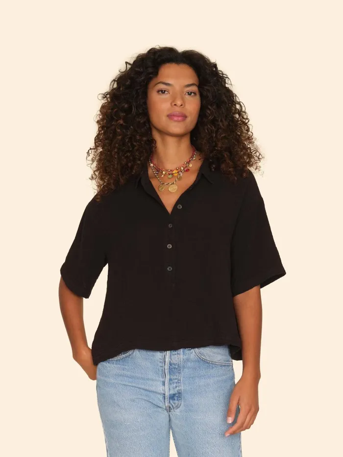 XRENA Black Ansel Gauze Top Women Tops