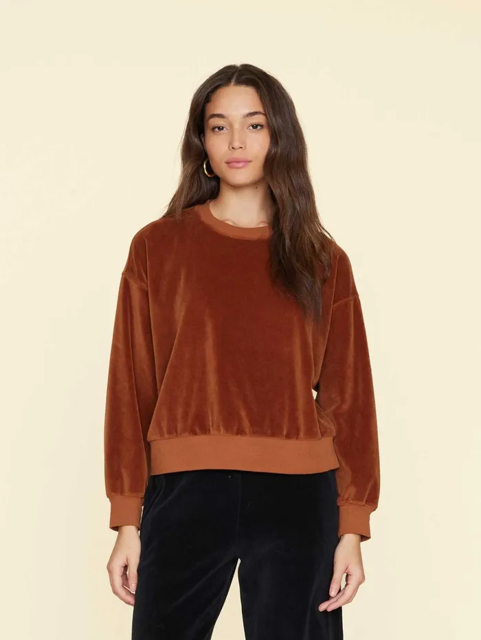 XRENA Brown Sugar Huxley Velour Sweatshirt Women Sweats and Tees