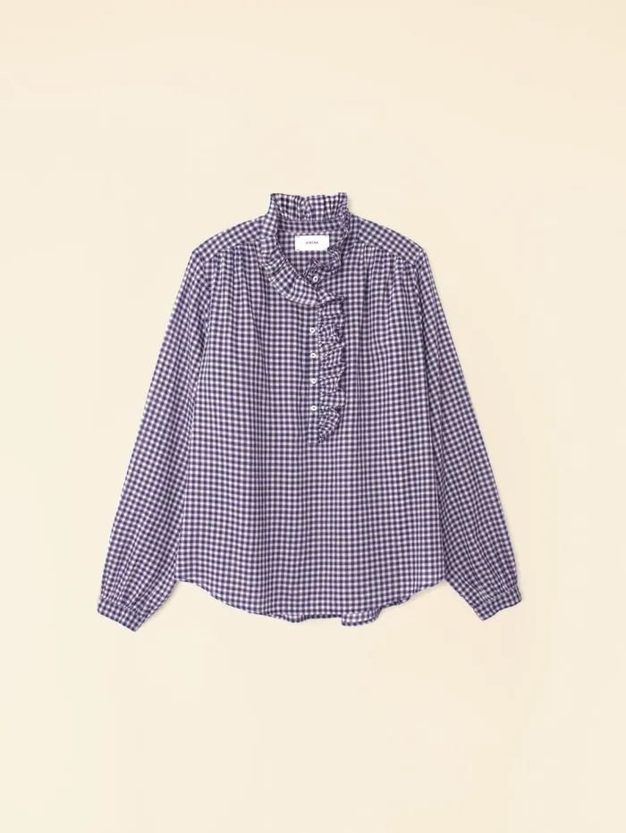 XRENA Stone Blue Caspian Plaid Top Women Tops