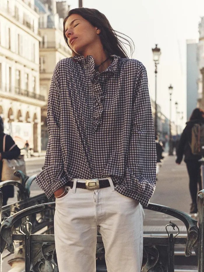 XRENA Stone Blue Caspian Plaid Top Women Tops XRENA Stone Blue Caspian Plaid Top Women Tops