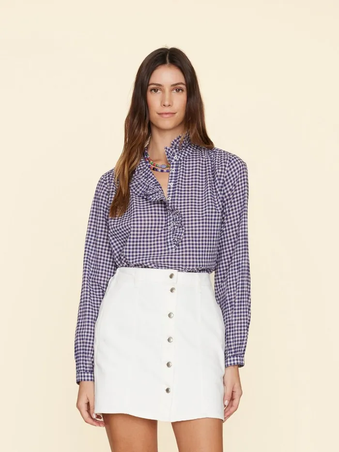 XRENA Stone Blue Caspian Plaid Top Women Tops XRENA Stone Blue Caspian Plaid Top Women Tops
